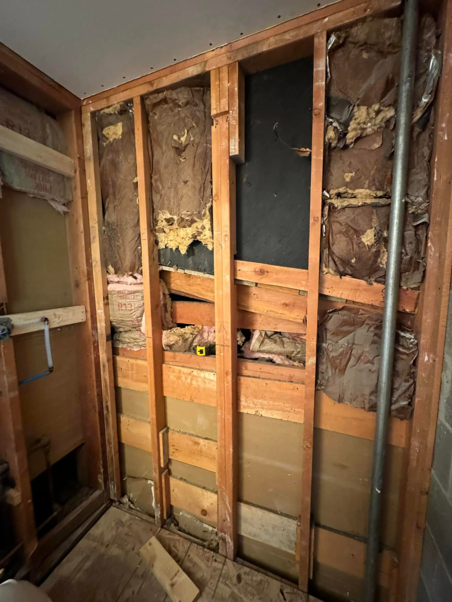 Bathroom wall opened to the studs during renovation, showing framing, insulation and rough plumbing